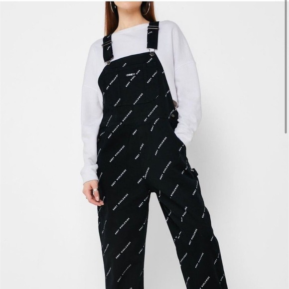 Obey Worldwide Denim Overalls "Fulton” LOGO Jeans Black White🔥 SZ 24 Y2K Rare! - Picture 1 of 11